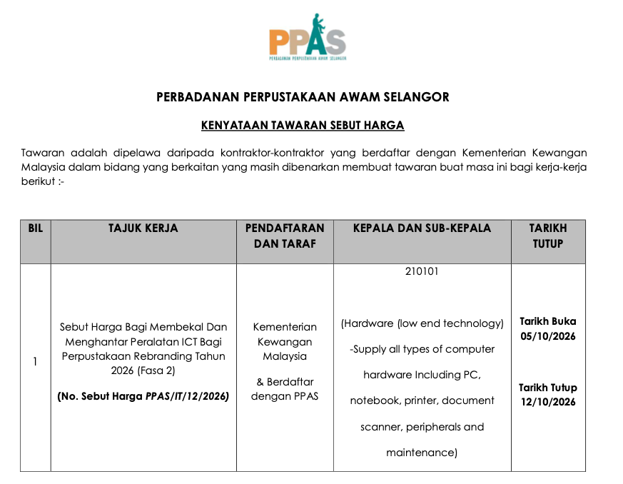 SEBUTHARGA BAGI MEMBEKAL DAN MENGHANTAR PERALATAN ICT BAGI PERPUSTAKAAN REBRANDING TAHUN 2026 (FASA 2)